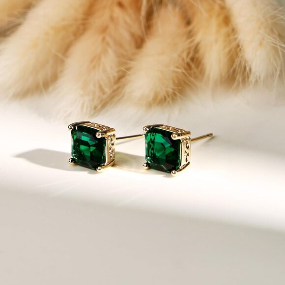 Women's Gold Princess Cut Emerald Stud Earrings Hypoallergenic Vintage - Picture 5 of 7